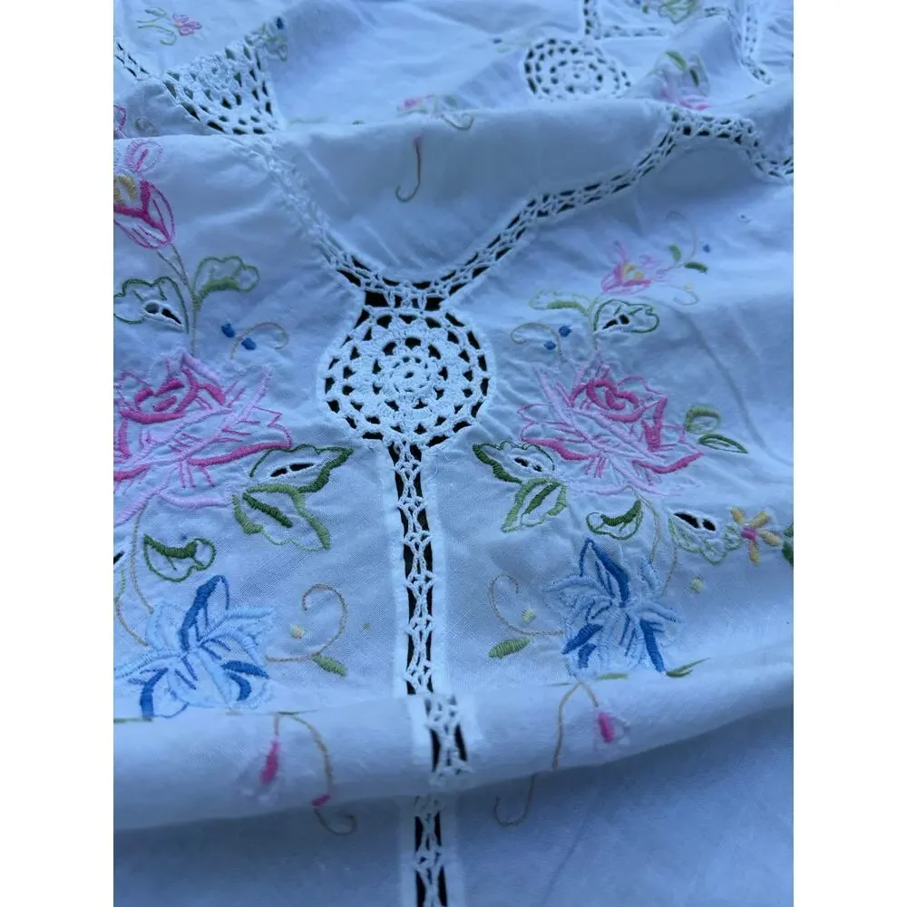 Vintage Hand Embroidered Tablecloth White floral pink blue beautiful cut out
